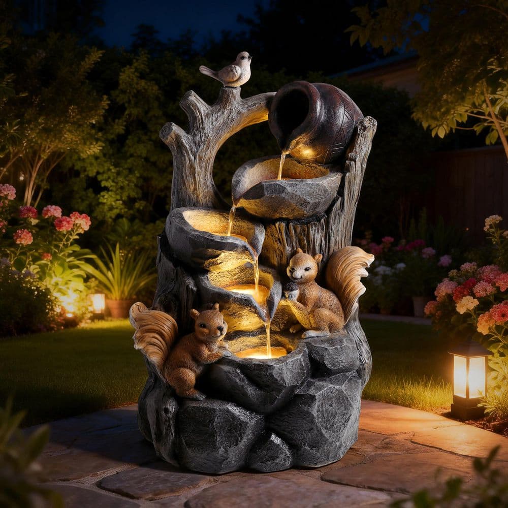 Squirrel Outdoor Waterfall Fountain with Lights Garden Decor Resin