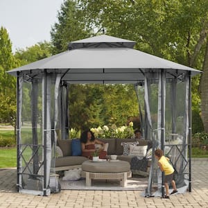 12 ft. x 10 ft. Patio Gazebo, Gray Heavy-Duty Outdoor Canopy with Mesh Curtains, Canopy Tent with Waterproof Double Roof