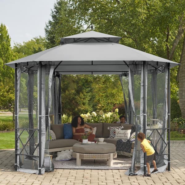 EROMMY 12 ft. x 10 ft. Patio Gazebo, Gray Heavy-Duty Outdoor Canopy with Mesh Curtains, Canopy Tent with Waterproof Double Roof