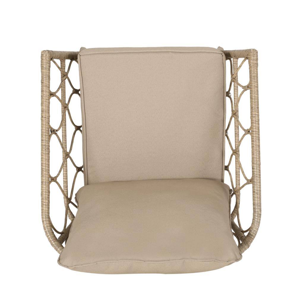 Beige Wicker and Iron Armchair Set with Cushions