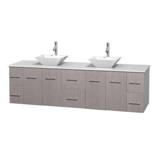 Wyndham Collection Centra 80 in. Double Vanity in Gray Oak with Solid-Surface Vanity Top in White and Porcelain Sinks