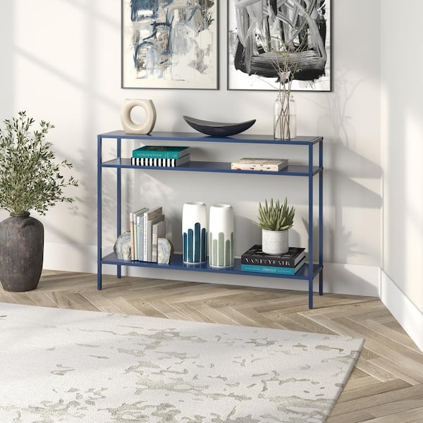 Meyer&Cross Ricardo 42 in. Rectangle Mykonos Blue Metal Console Table with Metal Shelves