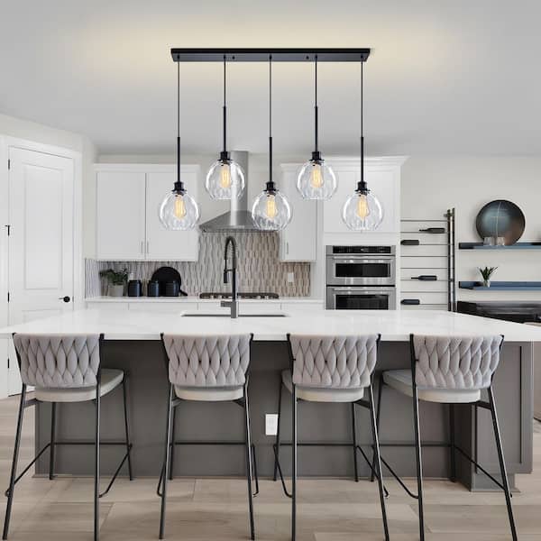 TinHon 44 in. 5-Light Modern Black Linear Pendant Light with Water
