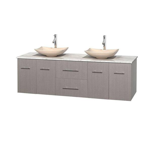 Wyndham Collection Centra 72 in. Double Vanity in Gray Oak with Marble Vanity Top in Carrara White and Sinks