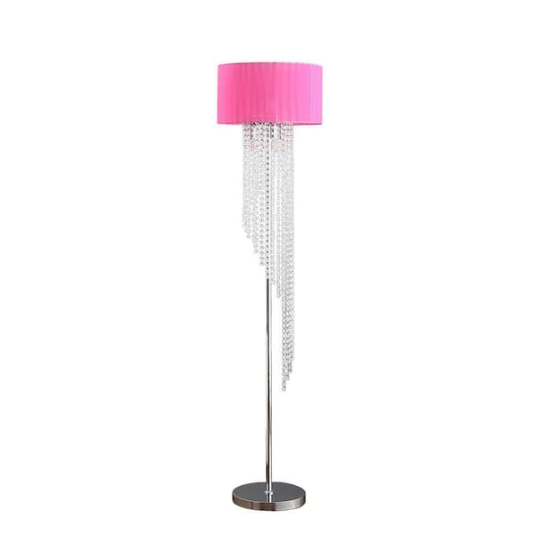 65.75 in. Rain Crystal Chrome Standard Silver Metal Floor Lamp with Hot Pink Drum Shade