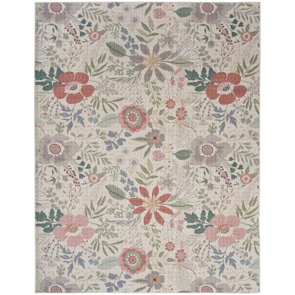 9 ft. x 12 ft. Cream Pink And Green Floral Washable Area Rug