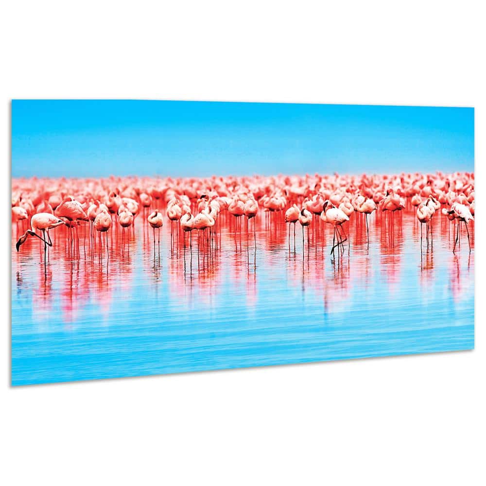 Flamingo Flock Blue and Pink Tempered Glass Wall Art, 24" x 48"
