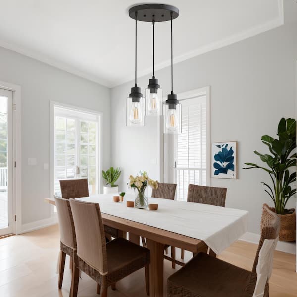 3-Light Black Pendant Light with Cylinder Clear Glass Shades, Industrial Kitchen Island Lighting for Dining Room