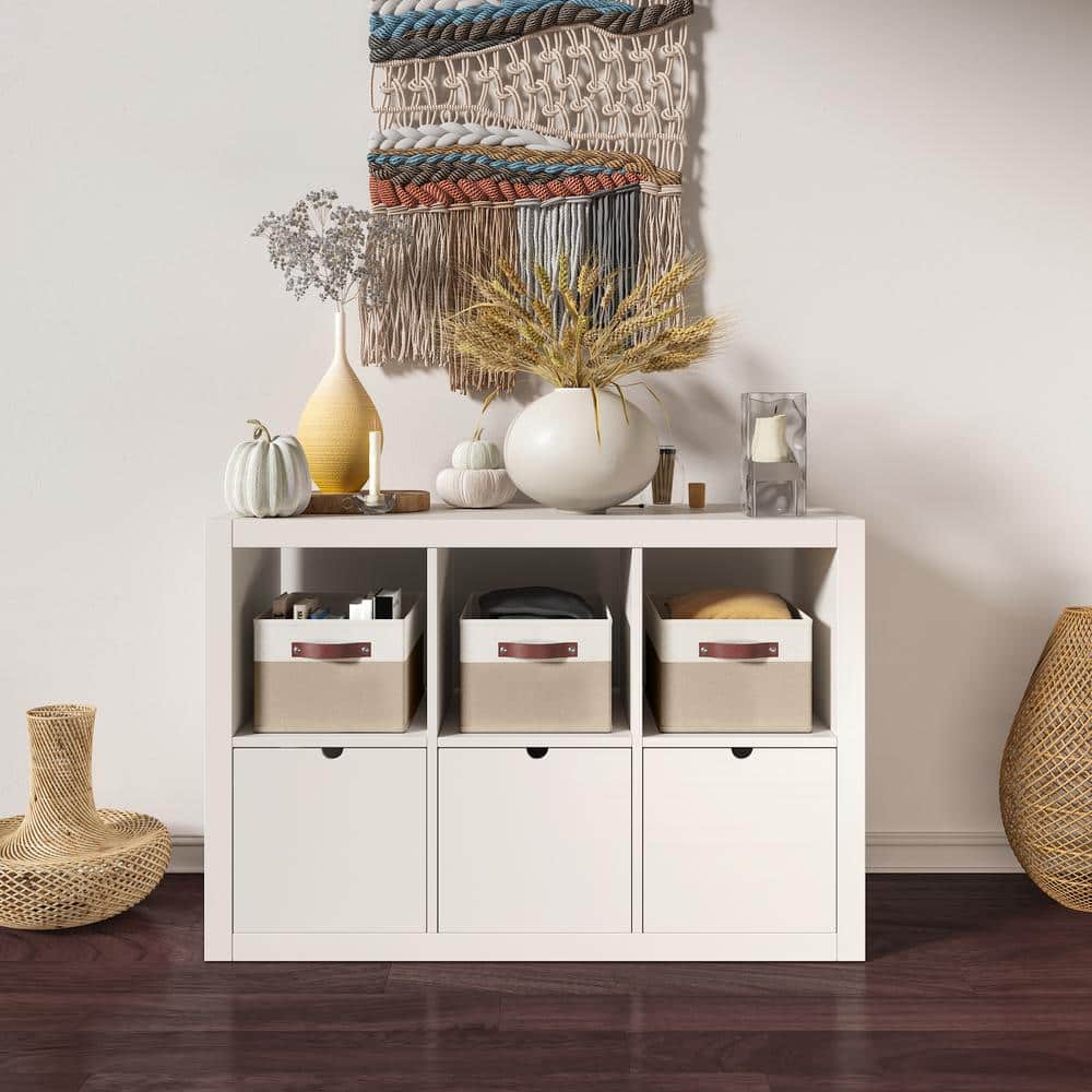 Extra Large White and Khaki Fabric Storage Bins with Faux Leather Handles - 3 Pack