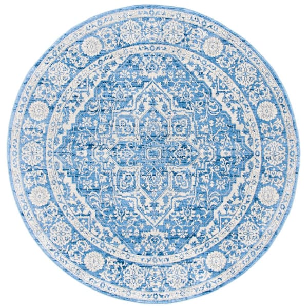 Brentwood Ivory/Navy 10 ft. x 10 ft. Distressed Border Medallion Round Area Rug