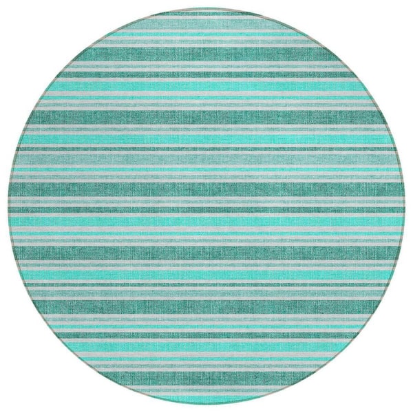 Turquoise 8 ft. x 8 ft. Woven Striped Polyester Round Indoor / Outdoor Area Rug