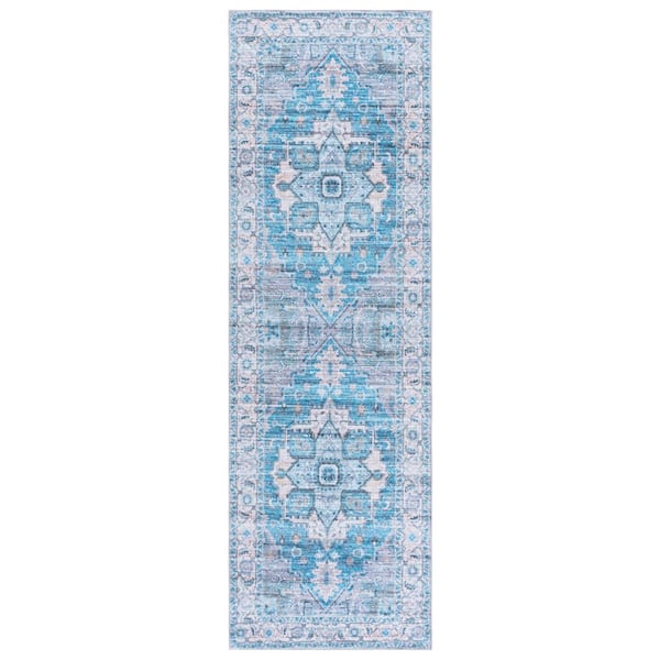 Martha Stewart Washable 2 ft. x 5 ft. Gray/Turquoise Machine Washable Floral Medallion Runner Rug