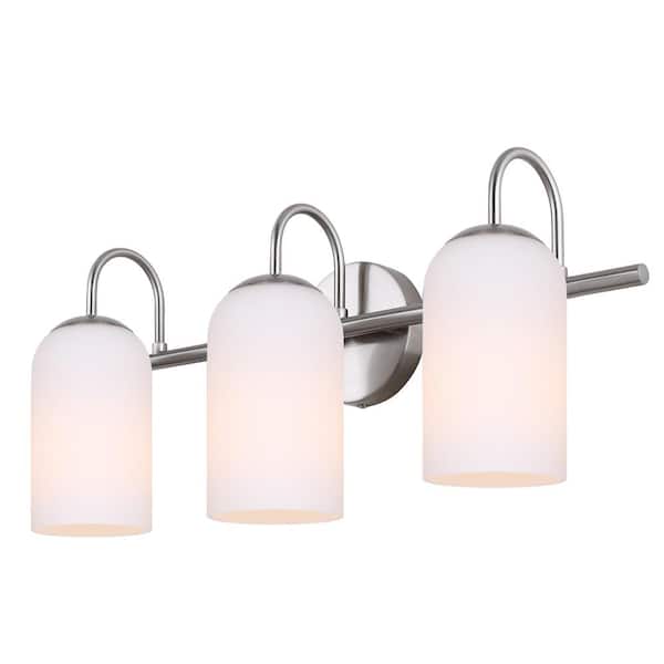 Novalee 22 in. 3-Light Brushed Nickel Vanity with White Glass Shade