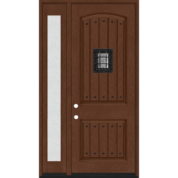 Steves & Sons Regency 53 in. x 96 in. 2P Plank Cavalier Speakeasy RHIS Chestnut Stain Fiberglass Prehung Front Door w/14in. Rain SL