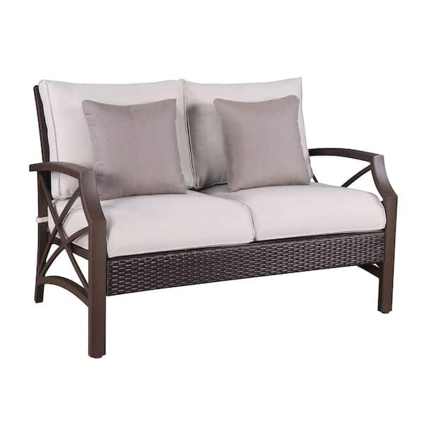TIRAMISUBEST Aluminum Outdoor Loveseat with Light Gray Cushions and Brown Pillows