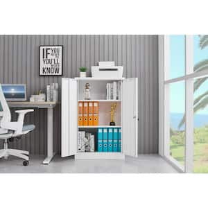 White Metal Storage Cabinet with Locking Doors and Adjustable Shelf for Home Office, School, Garage