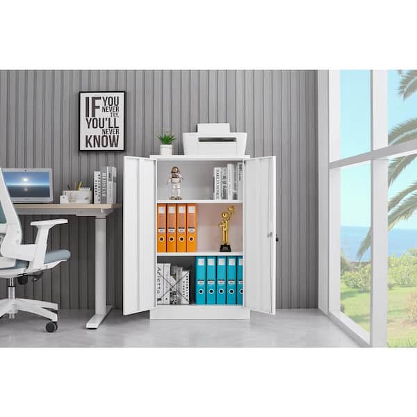White Metal Storage Cabinet with Locking Doors and Adjustable Shelf for Home Office, School, Garage