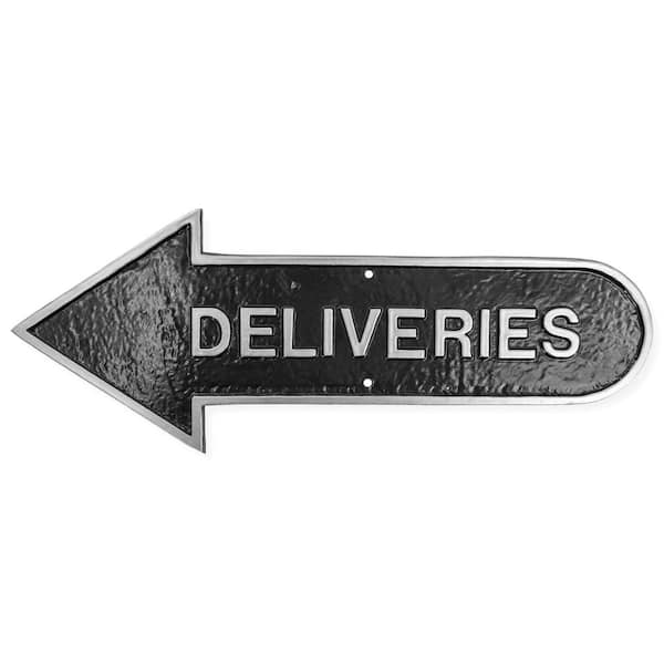 Montague Metal Products 6 in. x 15.5 in. Left Arrow Deliveries Statement Plaque Sign-Black/Silver