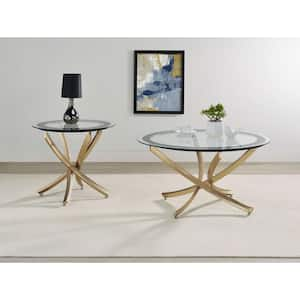 Brooke 35.5 in. Rose Brass and Black Round Glass Top Coffee Table Set 2-Piece