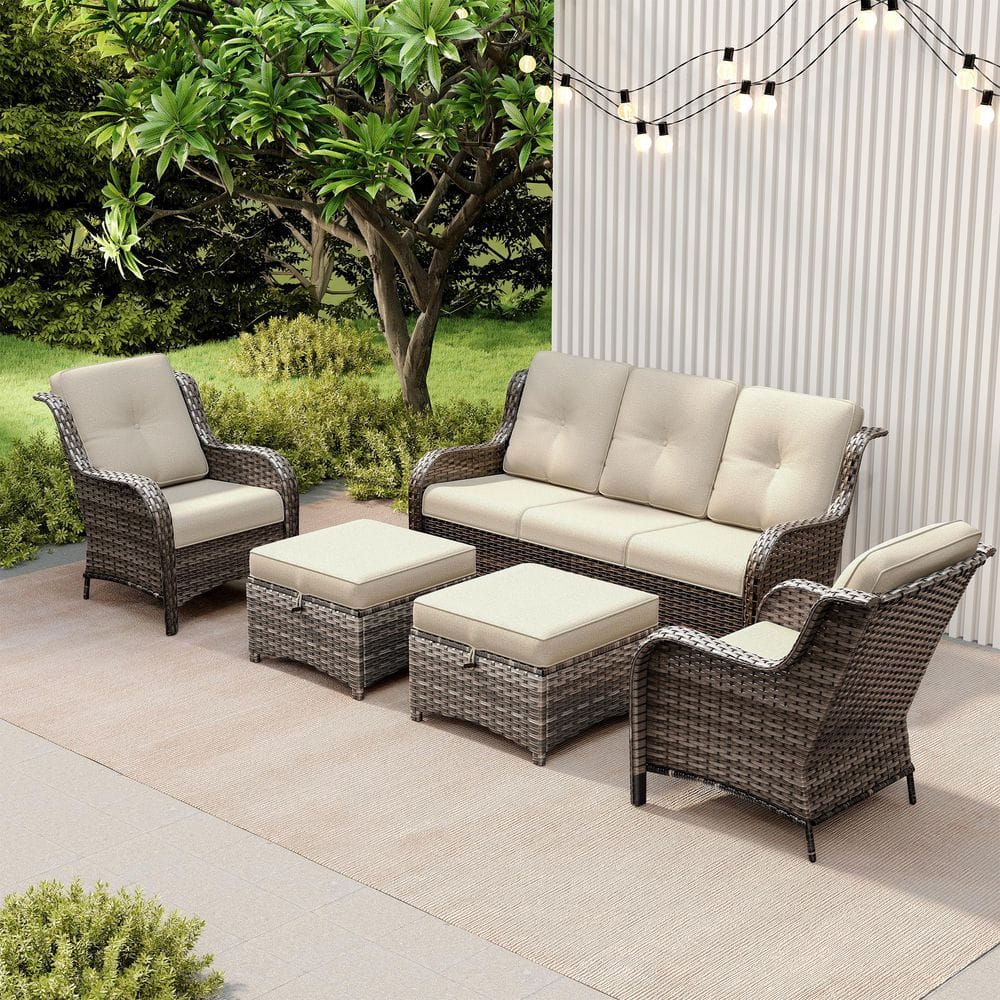 5-Piece Wicker Outdoor Patio Conversation Set with Red Cushions 3 Seat Sofa, Swivel Rocking Chairs and Ottomans price history on PriceWatchPro