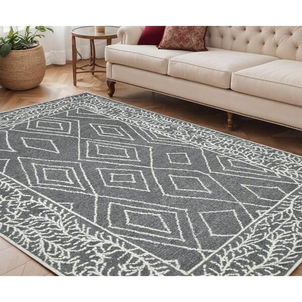 5 ft. x 8 ft. Gray and White Wool Geometric Hand Hooked Area Rug