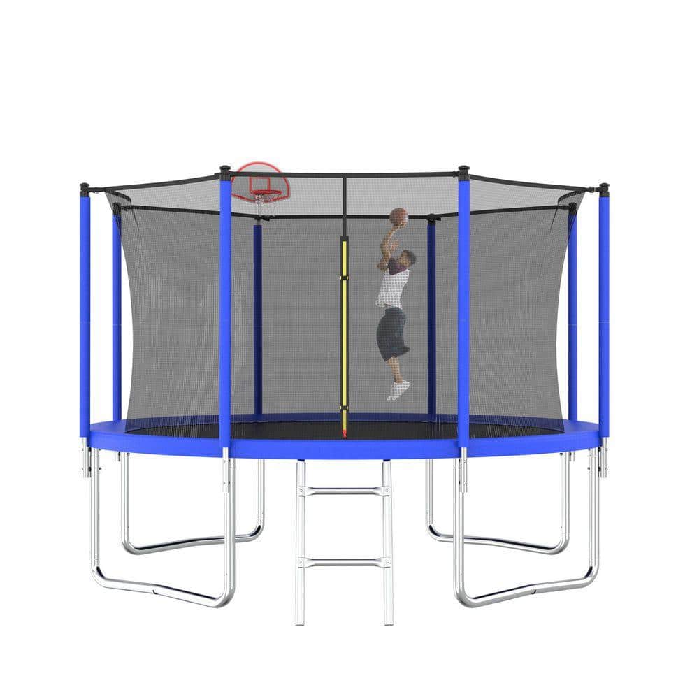 12 ft. Outdoor Deluxe Recreational Trampoline with Safety Enclosure Net, Basketball Hoop and Ladder, Blue