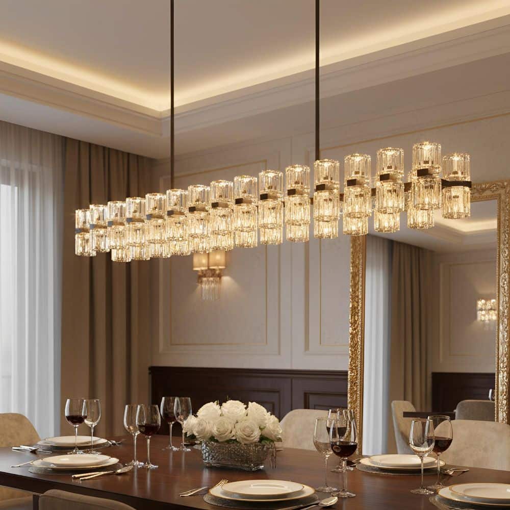 YANSUN 53 in. 60-Light Black Rectangular Crystal Chandelier for