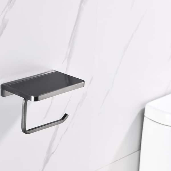 Lexora Bagno Bianca Stainless Steel Black Glass Shelf w/ Toilet Paper Holder - Gun Metal