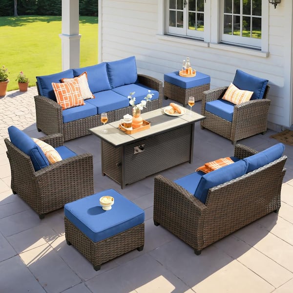 weaxty W Antigone Gray 7-Piece Wicker Patio 53 in. Spacious Fire Pit Conversation Sofa Set with Navy Blue Cushions