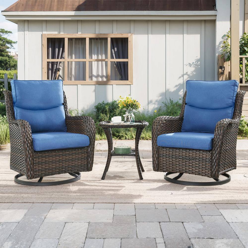 Carolina Brown Wicker 3-Piece Outdoor Swivel Glider Set Outdoor Conversation Set with Blue Thick Cushions price history on PriceWatchPro