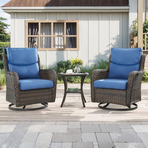 Gymojoy Carolina Brown Wicker 3 Piece Outdoor Swivel Glider Set Outdoor Conversation Set with Blue Thick Cushions GM035 1XL The Home Depot