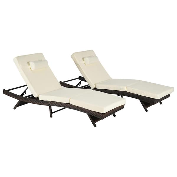 Outdoor Armless Chairs 2-Pieces Wicker and Metal Outdoor Recliner with Beige Cushions