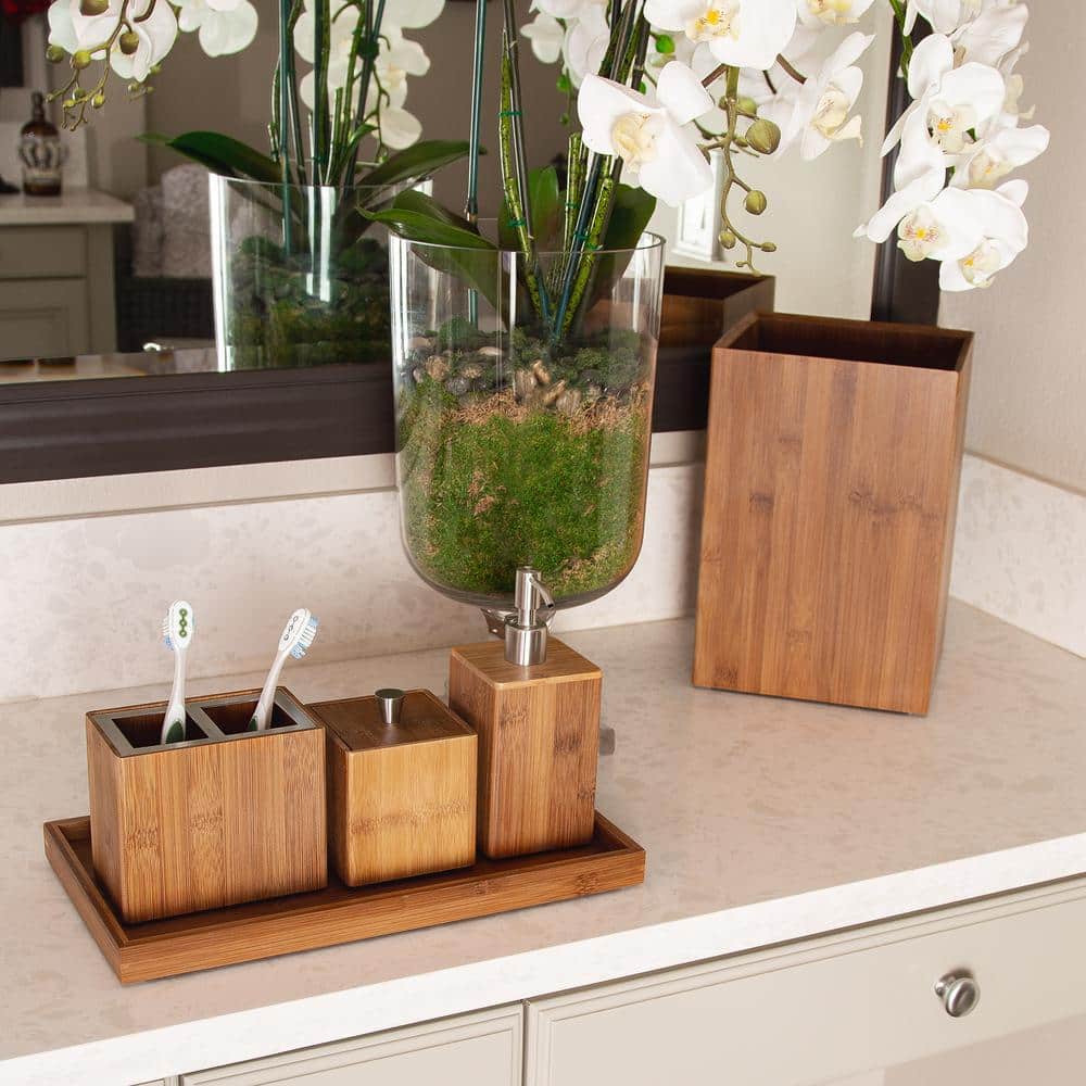 Rustic Bamboo and Stainless Steel 5-Piece Bathroom Set