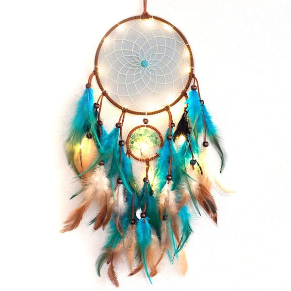 Unbranded Blue 12 in. x 22 in. Handmade LED Dream Catcher with Feathers