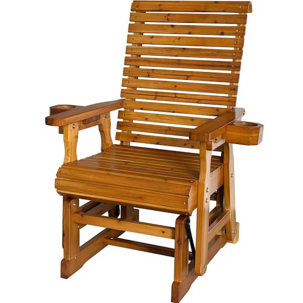 Solid Fir Wood Outdoor Glider with Cup Holders, Heavy Duty 600 lbs. Brown
