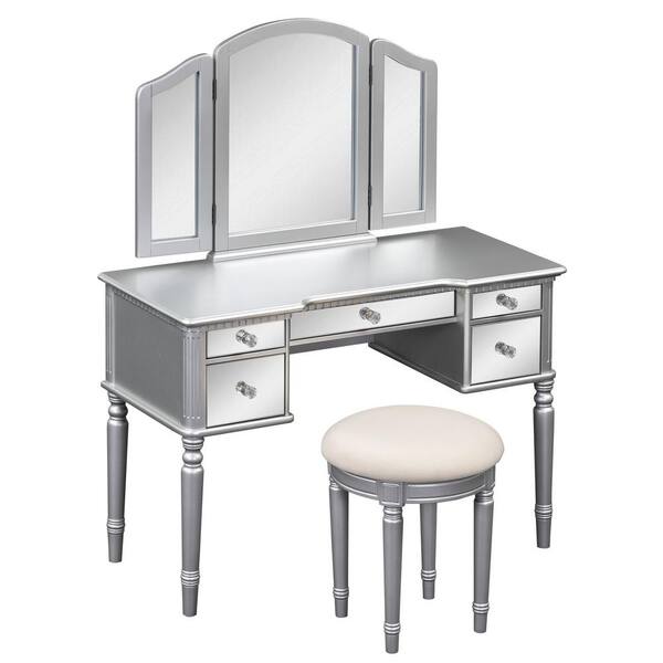 Unbranded Silver 5-drawer 43.25 in. Wide Dresser with Mirror, Tri-Fold Mirror, Makeup Vanity Set for Bedroom