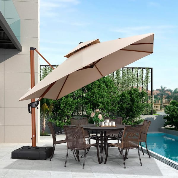 PURPLE LEAF 10 ft. Square High-Quality Wood Pattern Aluminum Cantilever Polyester Patio Umbrella with Base, Beige