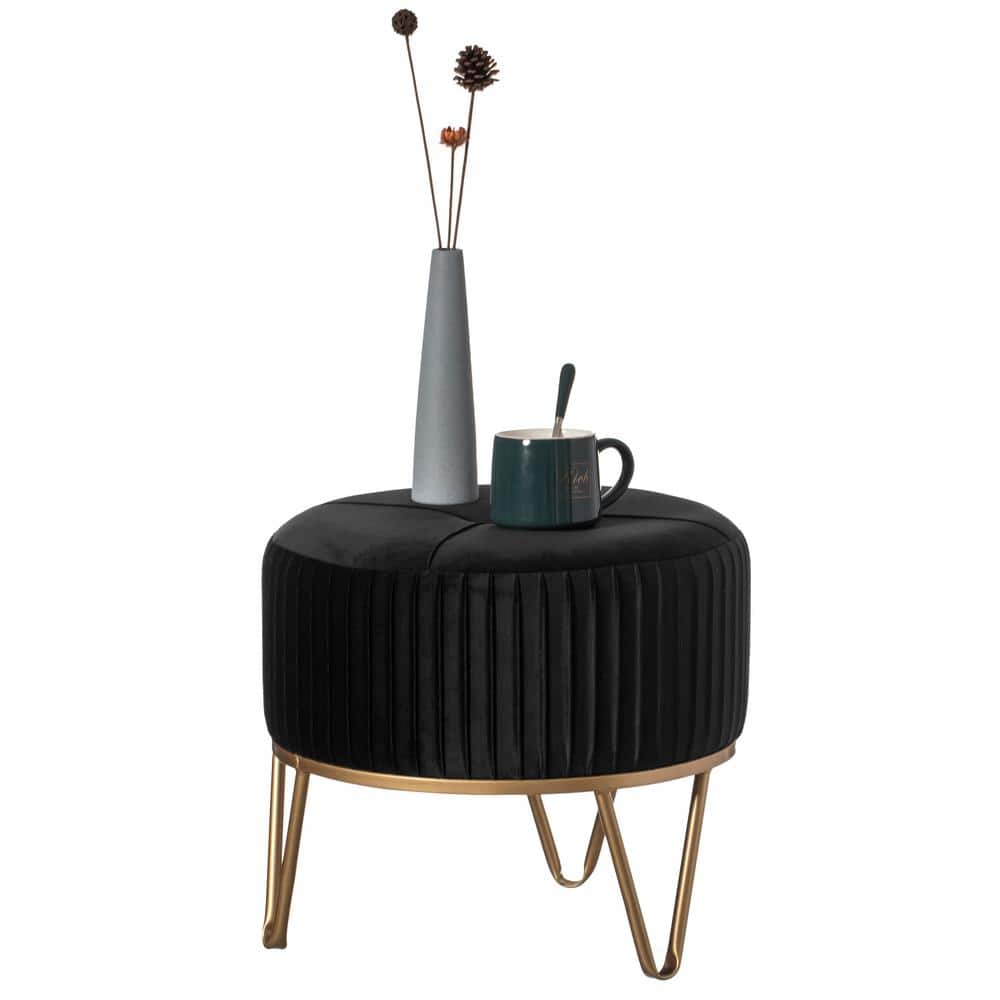 Black Velvet Round Ottoman with Gold Hairpin Base