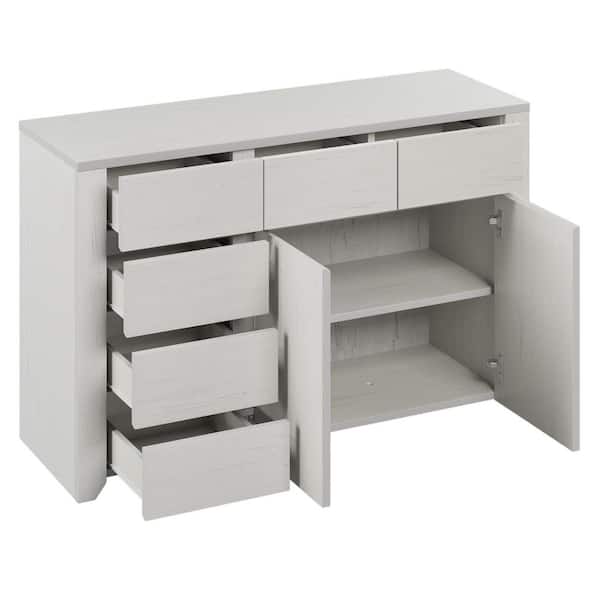 URTR Off White 6-Drawer Dresser with Gray Wood Grain Sticker Surfaces and Cabinet (46.8 in. W x 15.7 in. D x 30.3 in. H)