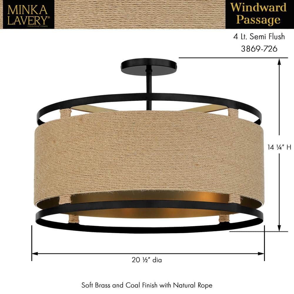 Windward Passage 4-Light Coal and Soft Brass Drum Ceiling Light