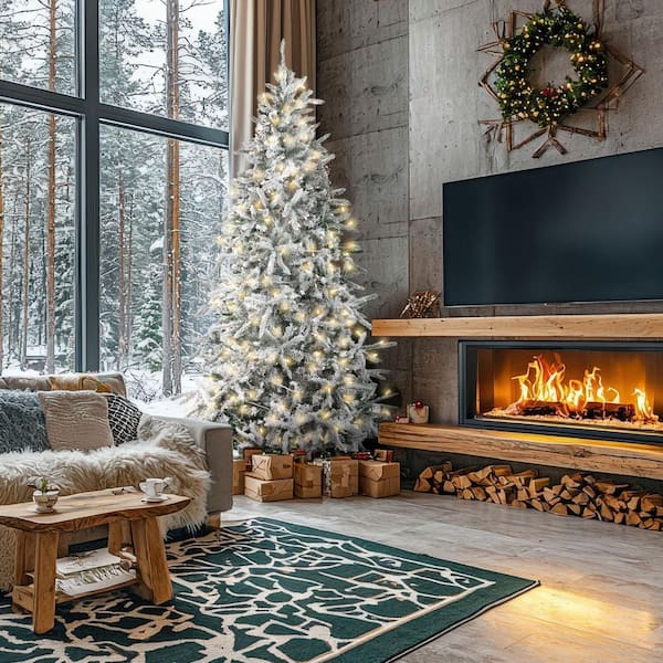 7.5-ft. Pre-Lit Mountain Pine Snow Flocked Artificial Christmas Tree, Warm White LED Lights