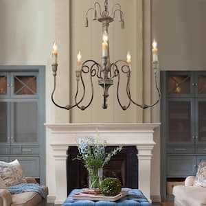 French Country Carved Wood Chandelier, Rustic 5-Light Gray Empire Antique Candlestick Dining/Living Room Hanging Light