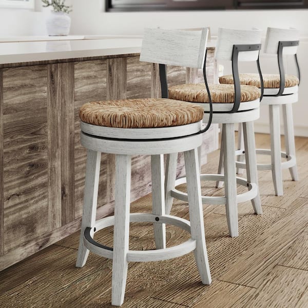 Farmhouse 26in. Wood Counter-Height Bar Stool with Natural Seagrass Seat, Reclaimed White