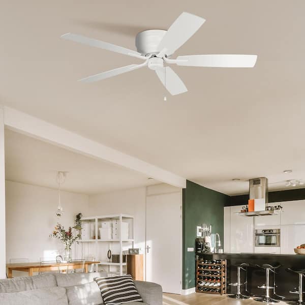 52 in. White Finish with White/Washed Oak Blades Flush Mount Standard Ceiling Fan with Pull Chains Included