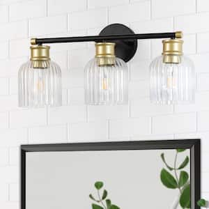 Merrin 20.67 in. 3-Light Black and Gold Bathroom Vanity Light with Lantern Vertical Stripes Dome Shades