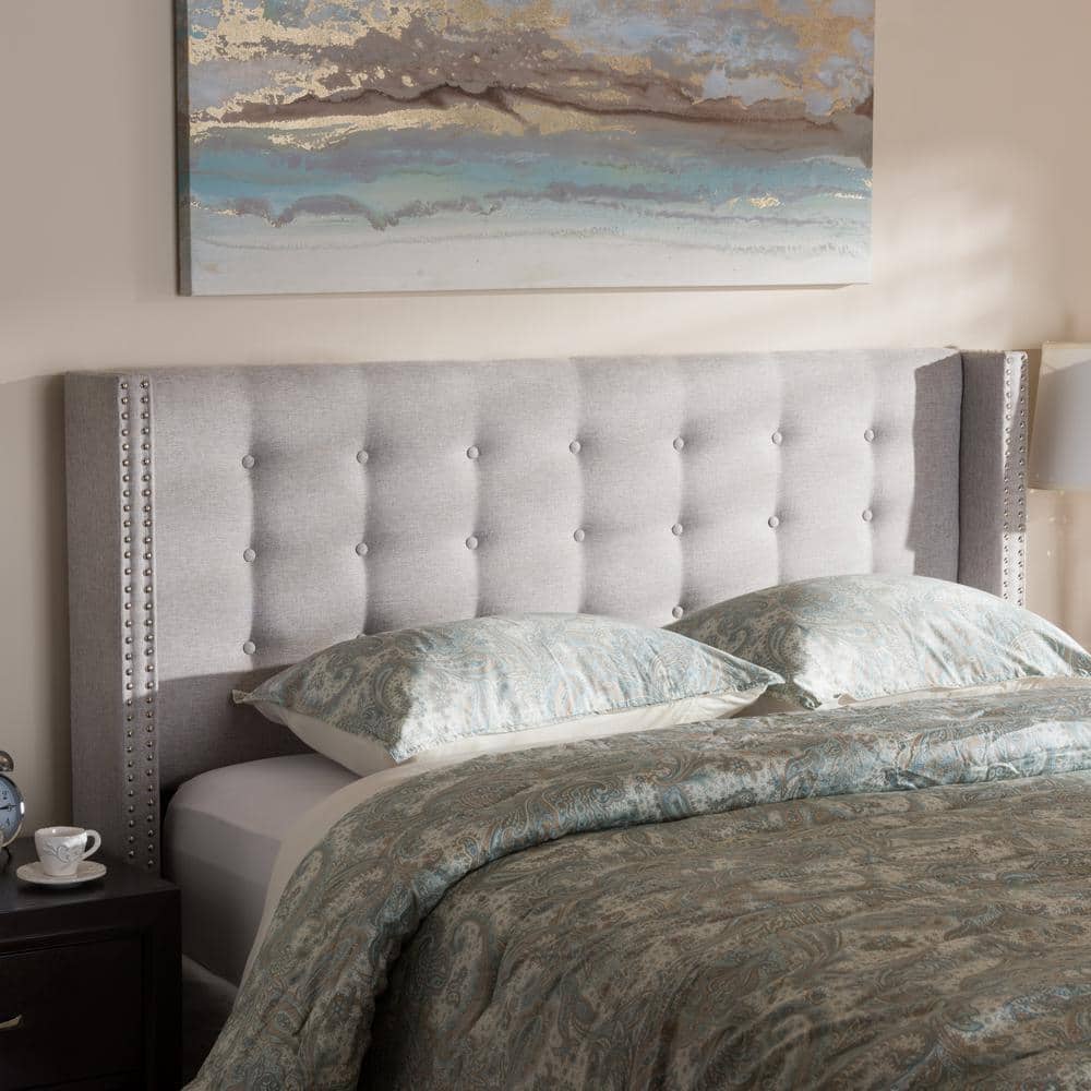 Beige Tufted Upholstered Full Wingback Headboard with Nailhead Trim