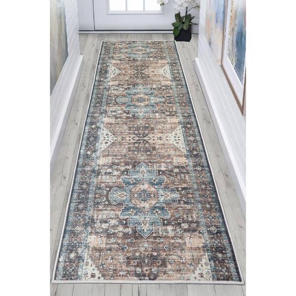Custom Image Series Oriental Kerman Medallion Taupe-Multicolor 26 in. W x 96 in. L Stair Runner 17.35 sq. ft.