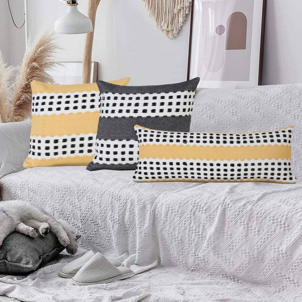 Yellow and Black Cotton Striped 20" Square Throw Pillow