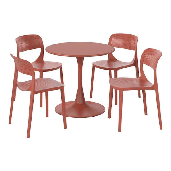 Frond and Form Outdoor Patio Modern 5-Piece Round HDPE Plastic Dining Table Set with Stackable Chairs, Red