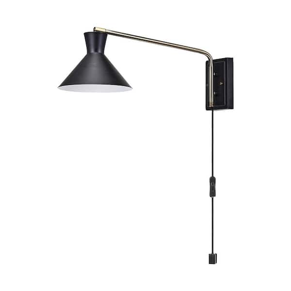 Globe Electric Waldwick 1-Light Matte Black Plug-In or Hardwire Wall Sconce with Antique Brass Accent and LED Bulb Included